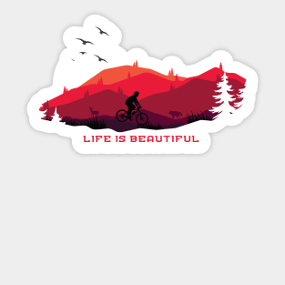 Life is Beautiful Bicycle MTB Cycling Mountain Background Sun and Birds Sticker